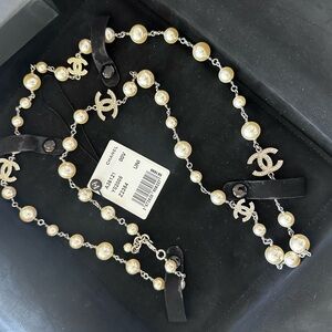 CHANEL Silver and White Pearl Logo Necklace